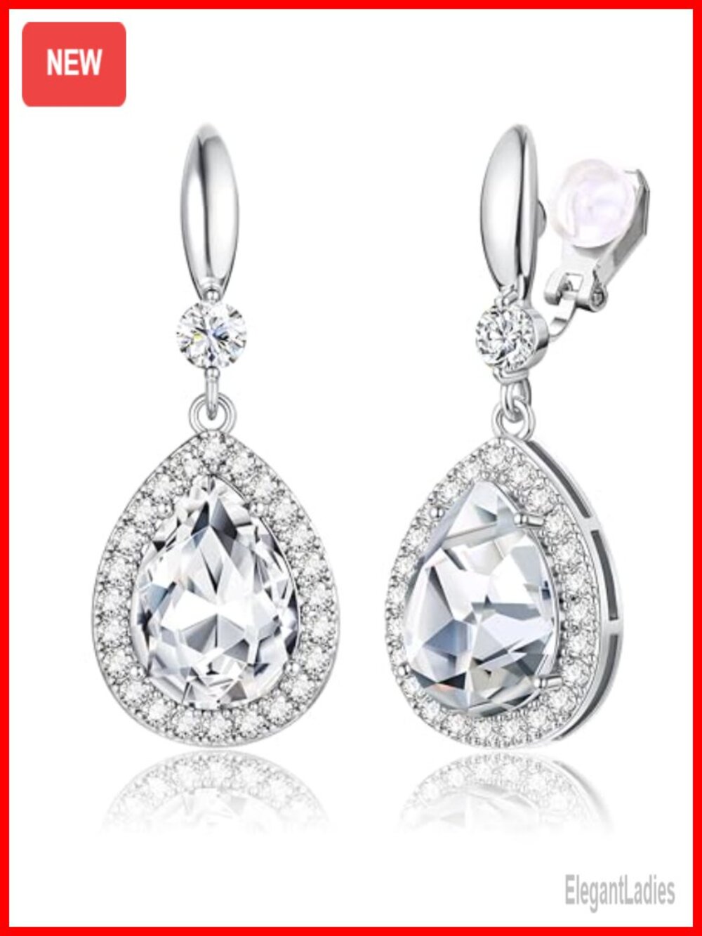 Clip On Dangle Earrings Rhinestone Chandelier Cubic Zirconia 14K Gold Plated